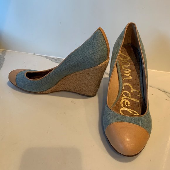 Denim raffia wedges with leather trim - Picture 2 of 9